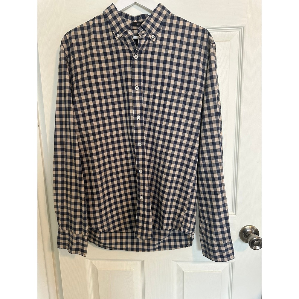 J.Crew Mens Navy Tan Gingham Check Button Down Shirt Long Sleeve Slim Fit L